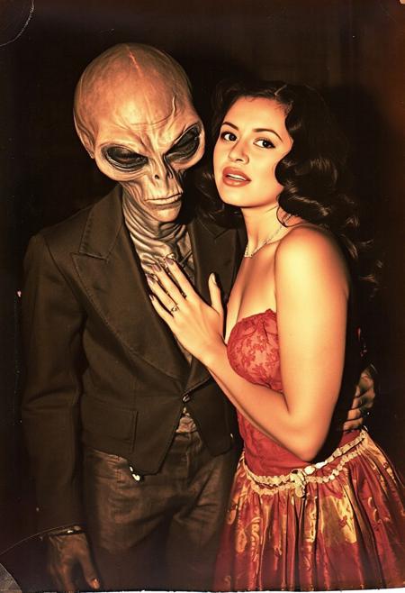 mxnoirsty. Photograph, likely taken in the 1950s of a busty Mexican woman in revealing clothes posing affectionately with a frightening space alien. analogue, faded photo, creases and scratches, film grain. photo border. Rembrandt, shadow, low key Lighting style, film photography, film grain, film particles, grainy, flash photography, analog photography. vintage photography