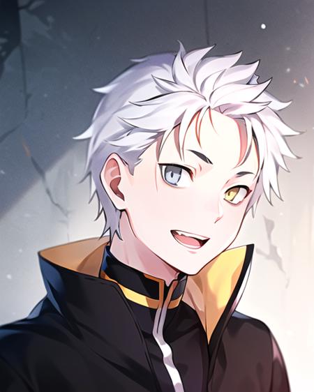 <lora:NatsukiSubaru:1>, BestCar, greed, 1boy, white hair, heterochromia, yellow_eyes, grey_eyes