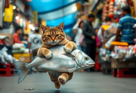 A cat on its back legs running like a human is holding a big silver fish with its arms.  The cat is running away from the shop owner and has a panicked look on his face.  The scene is situated in a crowded market.