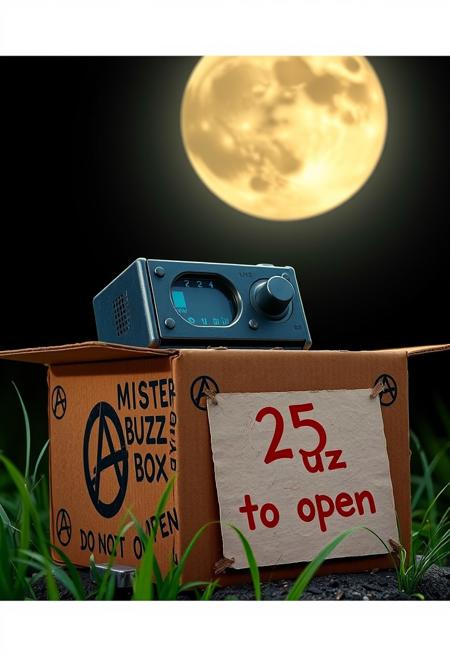buzz machine, a cardboard box, little ruined, with anarchy symbols on sides, having written "MISTERY BUZZ BOX DO NOT OPEN", second cardboar WITH "25 buzz to open" (in red)  , full moon in background illuminate the scene, few long blades of acid green grass