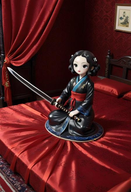 score_9, score_8_up, score_7_up, score_6_up, cartoon, ,CreepyCuteMagical , 
ceramic katana, laying on red silk dress, 
victorian bedroom background,
, dark theme,