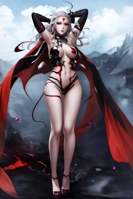 CloudOfDarkness red cape, red claw,  bodypaint,forehead mark, elbow glove, grey hair, red eyes yellow_tentacle_monster