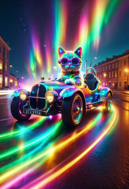 morph-aurora, cute small classic sports car, cat driving on, wear round goggles, wear animal ears helmet, extreme closeup shot, from side, run through on city road, (rainbow Aurora texture:1.3), cinematic, cinematic lighting, (masterpiece, best quality:1.4), ultra-high res, 4k, insanely detailed, sfw,