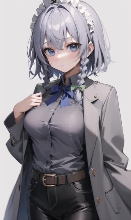 finely detail, Depth of field,best quality, illustration,highres,intricate detail, an extremely delicate and beautiful,,
1girl,solo,izayoi sakuya,blue eyes, grey hair,short hair,  twin braids,long hair,blue bowtie, hair bow, ribbon,, breast,headdress, braid,grey coat, grey shirt,belt,black jeans,
simple background,, <lora:20240110-1704857272830-0015:0.3>