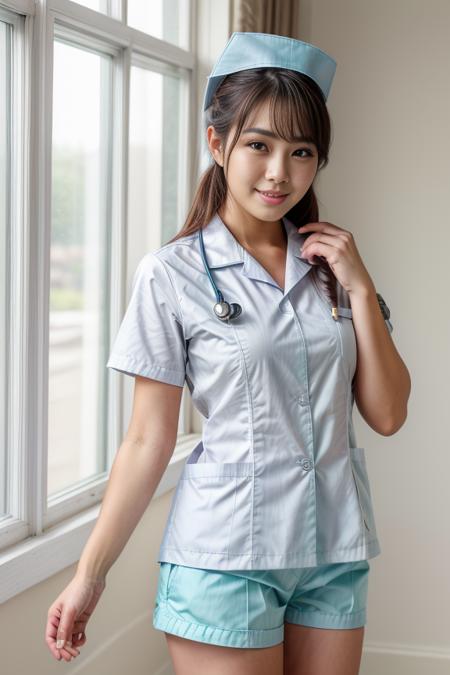 1woman, beautiful, alluring, cute face, detailed face, detailed, masterpiece, full body shot, <lora:DETAIL_SLIDER_BY_STABLE_YOGI:0.8>
<lora:Nurse Uniform By Stable Yogi:0.8> green nurse uniform nurse cap, shorts