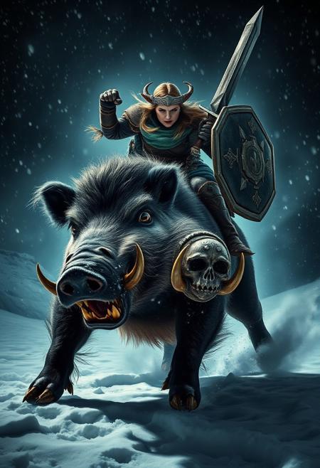 Portriat of A menacing large ferocious polar boar with battle scars, growling and snarling, lunges forward under the cover of a nocturnal snow storm, snowy ground and snow powder, illuminated by a striking Rembrandt-style spotlight. An enraged female goblin warrior, riding the beast, clutches a sword triumphantly in one hand and a shield in her other hand, her intense eyes ablaze with victory. Their dynamic pose against the backdrop of an ultra-high-contrast HDR night sky, creates an epic, moody tableau immortalizing the clash of power and determination.