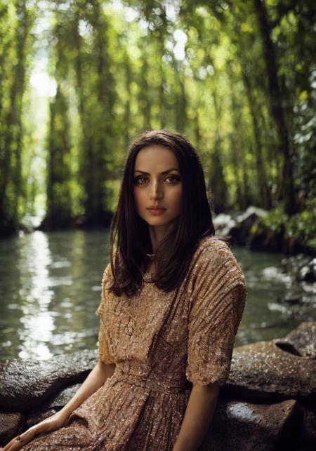 Sharp focus:1.2, Closeup portrait, attractive young woman, (beautiful face:1.1), detailed eyes, luscious lips, (natural makeup:1.2), (medium breasts:1.0), (fit body:1.2), (brown hair:1.2), wearing (romantic flowy dress:1.2) and standing waist deep in (creek near a waterfall:1.2) in a (whimsical forest:1.2) during (golden hour:1.2) lighting with sunbeams filtering through the trees. depth of field, bokeh, 4K, HDR. by (Tim Walker:1.2|Gregory Crewdson:1.1)