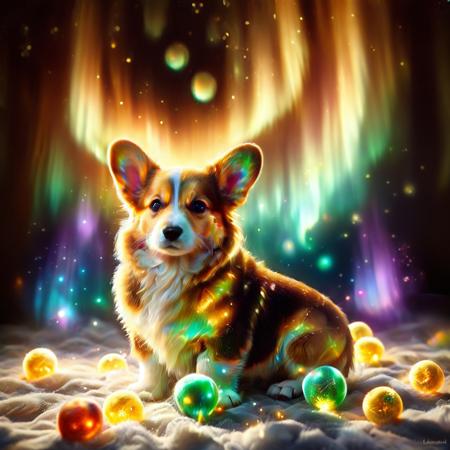 morph-aurora, dark, chiaroscuro, low-key, breathtaking masterpiece showcasing a gorgeous Pembroke Welsh Corgi puppy, bathed in soft, golden morning light, surrounded by vibrant bokeh balls that frame its delicate form. <lora:aurora_0_100_V1-000009:1>