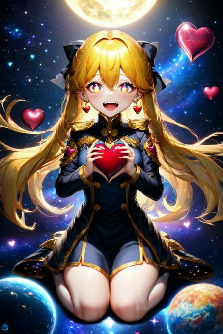 1girl, medium breasts, heart earrings, outdoors, hair bow, hair between eyes, (yellow hair:1.05),, (heart-shaped pupils:1.3401),, soldier uniform, screaming, space, outer space, planets, sun, moon, galaxy, stars, floating in space, kneeling, exceptional, best quality
BREAK
(exceptional, best aesthetic, new, newest, best quality, masterpiece, extremely detailed, anime, waifu:1.2)