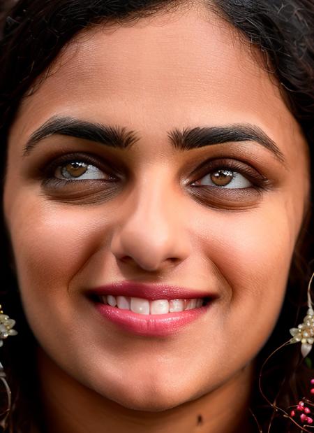 closeup portrait of skswoman, happy, background field of flowers epic (photo, studio lighting, hard light, sony a7, 50 mm, matte skin, pores, colors, hyperdetailed, hyperrealistic), <lyco:Nithya Menon:1.1>