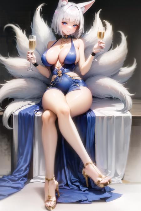 masterpiece, best quality, KagaV4, 1girl, solo, breasts, looking at viewer, smile, short hair, bangs, blue eyes, large breasts, simple background, white background, dress, holding, animal ears, cleavage, bare shoulders, jewelry, sitting, closed mouth, tail, full body, white hair, sleeveless, high heels, cup, animal ear fluff, fox ears, makeup, blue dress, fox tail, fox girl, multiple tails, holding cup, drinking glass, eyeliner, invisible chair, kitsune, kyuubi, champagne flute, gold footwear, <lora:KagaV4-14:1>