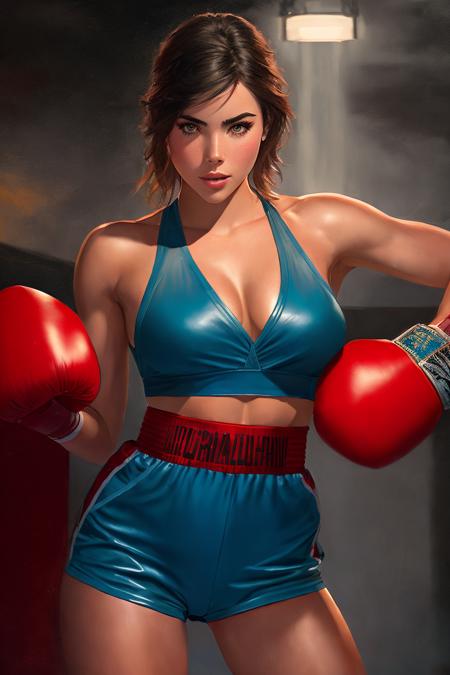 picture of (andreabotez:0.95), a woman as a boxer, (wearing red boxing gloves:1.2), (wearing blue trunks:1.2), (standing in a boxing ring:1.2), modelshoot style, (extremely detailed CG unity 8k wallpaper), photo of the most beautiful artwork in the world, professional majestic oil painting by Bastien Lecouffe-Deharme, Greg Rutkowski, Studio Ghibli, by Jeremy Mann, Greg Manchess, Antonio Moro, trending on ArtStation, trending on CGSociety, Intricate, High Detail, Sharp focus, dramatic, photorealistic painting art by midjourney and ed blinkey, (in a boxing match:1.1), cleavage, (looking at viewer), (detailed eyes:1.2)