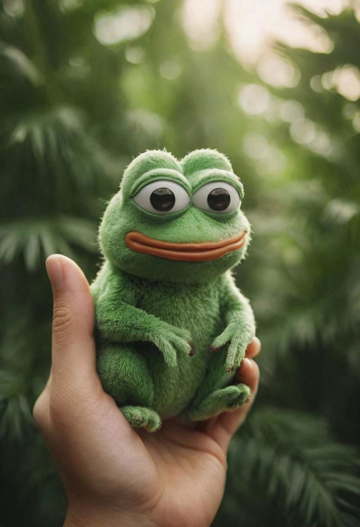 A small green frog with googly eyes sitting in a person's hand.