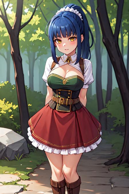 chloeironside, arm belt, belt buckle, white shirt, brown belt, yellow eyes, buckle, cleavage, black corset, hair scrunchie, red skirt, bangs, blue hair, ponytail ,brooch