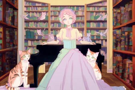 (((masterpiece, high quality, masterpiece,))), woman, glitched face, playing piano, in a library, the bookshelves are twisted, (pastel:1.2), cat on the piano, birds, feline eyes, 