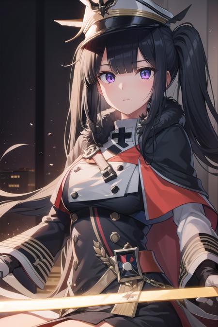 peterstrasser, <lyco:peterstrasser-lyco-nochekaiser:1>,
peter strasser, black hair, hair over one eye, long hair, one eye covered, (purple eyes:1.1), twintails,
BREAK armored boots, black coat, black footwear, black ribbon, boots, buttons, cape, coat, fur trim, fur-trimmed cape, gloves, hat, high heels, military hat, peaked cap, red cape, ribbon, stiletto heels, white gloves, white headwear,,
BREAK looking at viewer,
BREAK indoors,
BREAK <lyco:GoodHands-beta2:1>, (masterpiece:1.2), best quality, high resolution, unity 8k wallpaper, (illustration:0.8), (beautiful detailed eyes:1.6), extremely detailed face, perfect lighting, extremely detailed CG, (perfect hands, perfect anatomy),