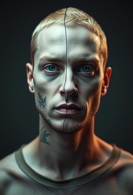 experimental portrait photography of eminem broken mirror portrait, head made of a collage of different facial features of different persons