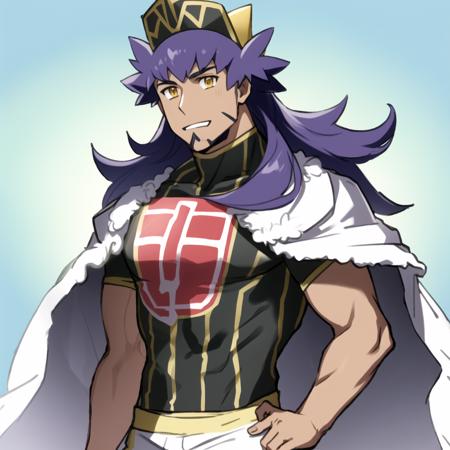 masterpiece, high quality, leon \(pokemon\), dark skin, (purple hair), long hair, muscular male, (facial hair), (yellow eyes), champion uniform, hat, white shorts, fur trimmed red cape, 1boy, tight shirt,