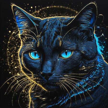 A cat in a chiaroscuro setting with neon blue accents, featuring gold glitter elements, and an added layer of shadow