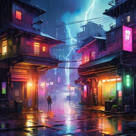 cyberpunk city scene,night,neo light,colorful,gowing,bloom,heavy rain,lightning,Fantastic light and shadows,
2d game scene,oil and watercolor painting,<lora:Retro_Illustration:0.85>,