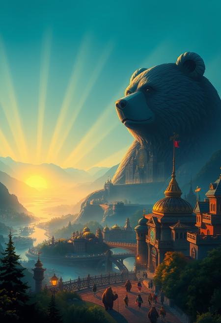 A vintage cartoon of a bear kingdom cityscape. In the distance there's a massive bear shaped palace. It is late summer evening and sun is about to set, casting dramatic shadows over the city. Rays of light shine through the misty haze that covers the land. Mountains and rivers in the background. Mysterious and delightful. Prominently displaying colors of golden honey and ethereal blue. A temple of the bear has shining lights. Anthro bears walking on the streets. It's a bear kingdom., realistic, cinematic, highly detailed, photograph, epic, masterpiece, beautiful colors