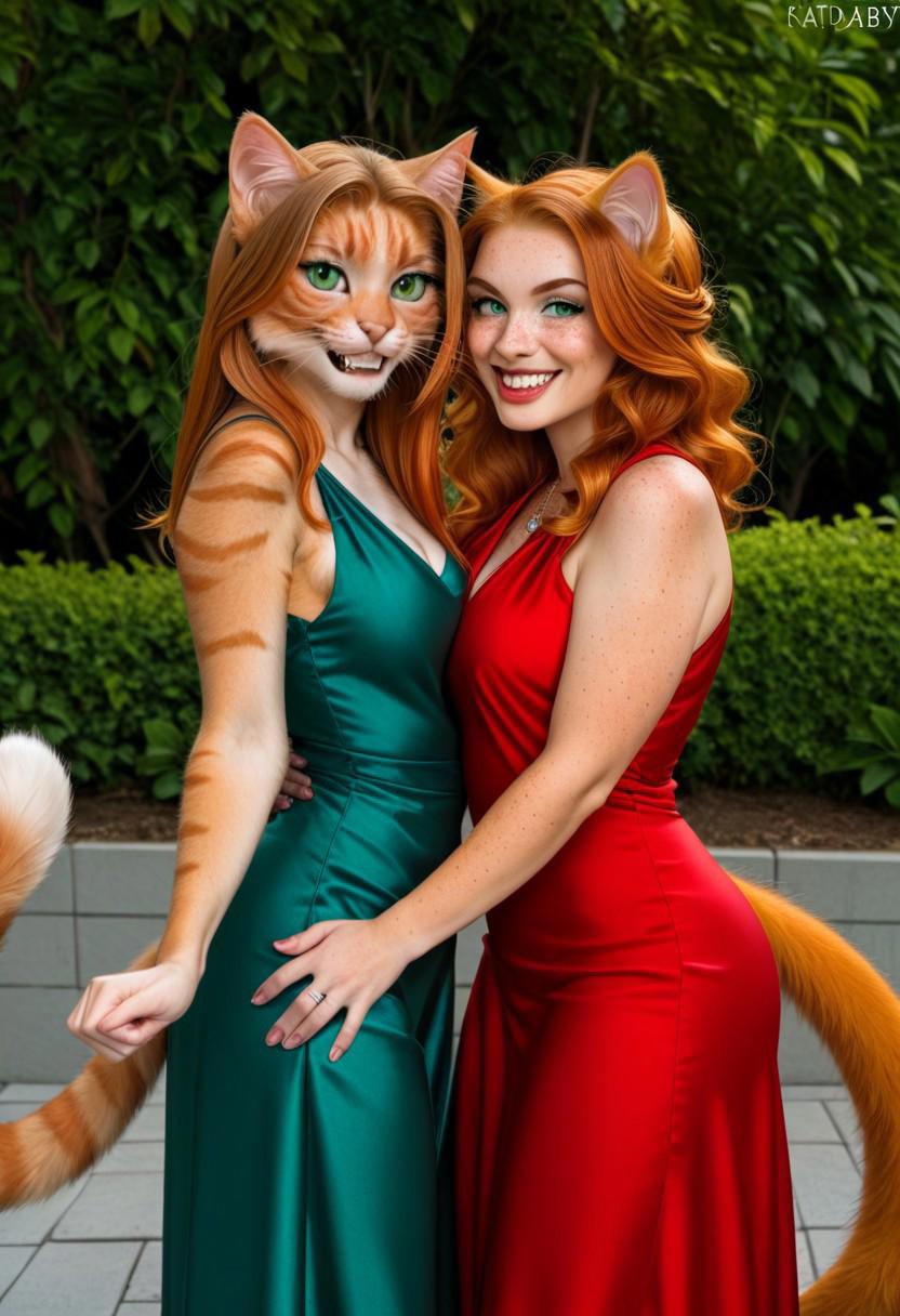 A 35mm photo of a beautiful 30 year old woman, she is an anthropomorphic ginger tabby cat, cat nose, cat teeth, emerald green cat eyes, freckles, ginger tabby cat fur, cat fur, ginger tabby cat ears, ginger hair, elegant red satin dress, ginger cat fur all over her body