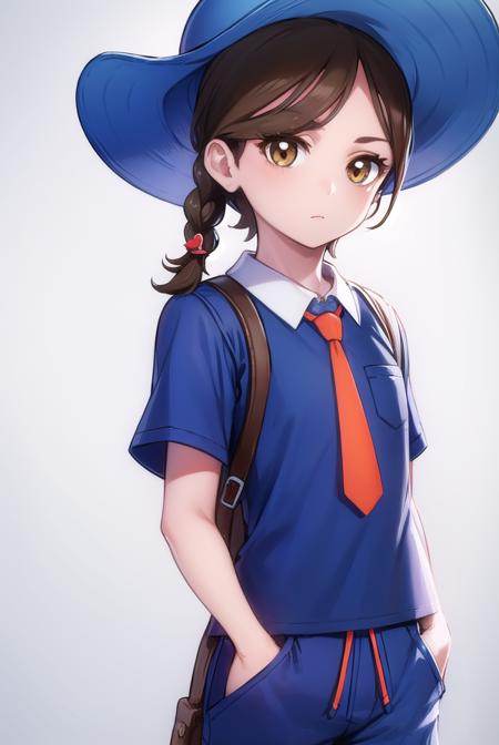 pokemonjuliana, <lyco:pokemonjuliana-lyco-nochekaiser:1>,
pokemonjuliana, braid, (brown eyes:1.5), brown hair, hair ornament, hairclip, side braid, single braid, swept bangs,
BREAK backpack, bag, black footwear, blue headwear, blue shirt, breast pocket, collared shirt, hat, kneehighs, naranja academy school uniform, necktie, orange necktie, orange shorts, pocket, school uniform, shirt, shoes, short sleeves, shorts, socks, striped, striped shorts, sun hat, white socks
BREAK looking at viewer, full body, (cowboy shot:1.5),
BREAK outdoors,,
BREAK <lyco:GoodHands-beta2:1>, (masterpiece:1.2), best quality, high resolution, unity 8k wallpaper, (illustration:0.8), (beautiful detailed eyes:1.6), extremely detailed face, perfect lighting, extremely detailed CG, (perfect hands, perfect anatomy),