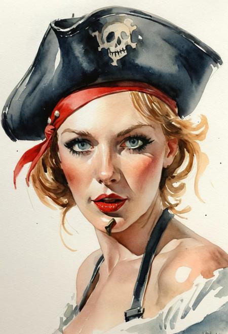 Facial expression style, watercolor, (Gil Elvgren:0.8), ((clever pirate)) female (cute:1.4),