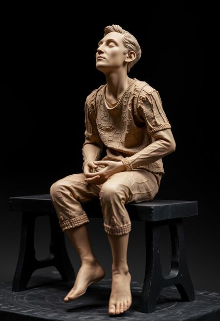 Dynamic in motion, clay sculpture: seated figure on a black bench, eyes closed, hands in lap, textured clothing, neutral color palette, intense dramatic lighting, high contrast, blurred lines, action poses.