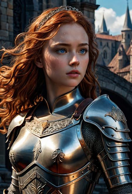 High resolution ultra-realistic of Beautiful Warrior Sadie Sink as Joan of Arc, 8k, capturing the intensity of the moment, cinematic lighting, standing on a bloody and stormy battlefield in bloody battle, wavy red hair, realistic dirty pale face, realistic blue eyes,  beautiful hourglass figure, burning in a medieval Town, intricately designed iron and silver armor, Dark Ages Aesthetic, perfect athletic figure, beautiful Warrior Joan of Arc, fire, ultra realistic, cinematic style, vigorous and seductive, athletic figure, dark fantasy, dramatic lighting, wet and sweaty skin, dirty skin, athletic figure, dark fantasy, dramatic lighting, Greg Rutkowski style,, Warrior Joan of Arc on in iron armor, hyper-detailed, hyper-realistic, bright colours, Attractive 21 old years girl, Attractive, beautiful firm Breasts, sharp focus, digital painting, Photograph Taken on Nikon D750, Alphonse Mucha, 8K, athletic figure, Hyperdetailed, hyperrealism, Attractive, Attractive bust girl, asymmetric balance