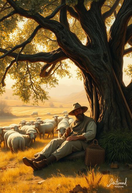 A shepherd resting under an old oak tree, with sheep grazing peacefully in the background, the golden light casting an ethereal, storybook-like atmosphere.
richly detailed historical realism, expressive animal and human connection, warm golden light, soft idyllic countryside, painterly brushwork with delicate textures, romanticized yet highly detailed composition, dramatic yet harmonious atmosphere