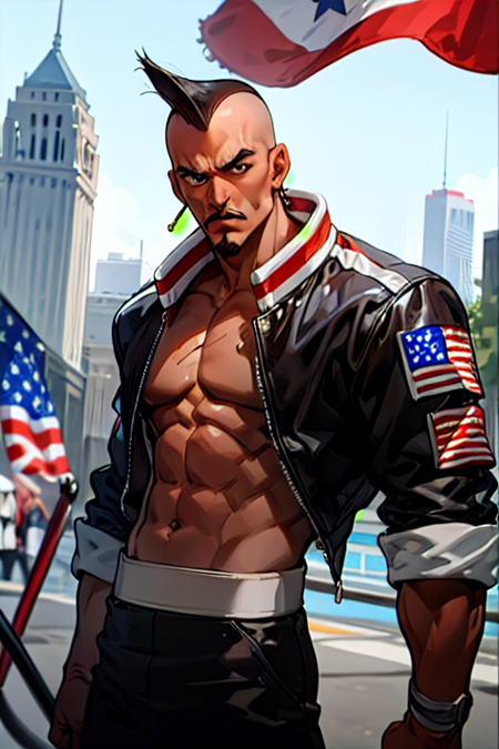 <lora:HeavyD-09:0.7> , heavyd, solo, 1boy, mohawk, jacket, black jacket, abs, mustache, facial hair, looking at viewer, american flag,