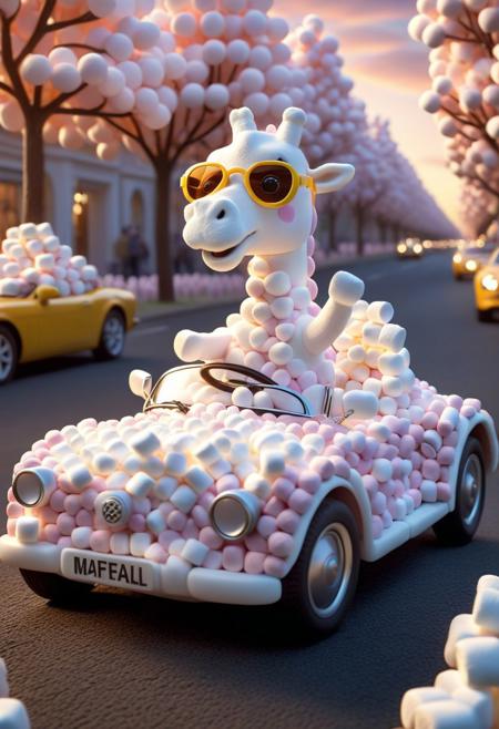 (made of marshmallows:1.3), giraffe driving on cute small marshmallows classic sports car, (wear round goggles:1.2), wear marshmallows suit, thumbs up, from side, in marshmallow city street, cinematic, cinematic lighting, (masterpiece, best quality:1.4), ultra-high res, 4k, insanely detailed, sfw,
