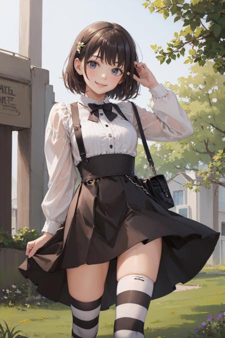 (masterpiece, best quality:1.2), <lyco:attire_stripedthighhighs_blkwhi-11:1.0>, cowboy shot, solo, 1girl, smile, looking at viewer, striped thighhighs