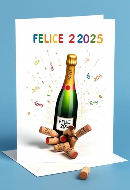 2025 greetings card. 3d, colorful, with a champagne Cork popping out toward the viewer with the exact words "Felice 2025 da Tony"