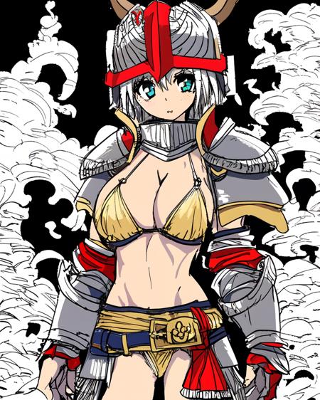 <lora:TakamuranV2:1>
1girl, bikini armor, pauldrons, belt, horned helmet, breasts, midriff, cleavage