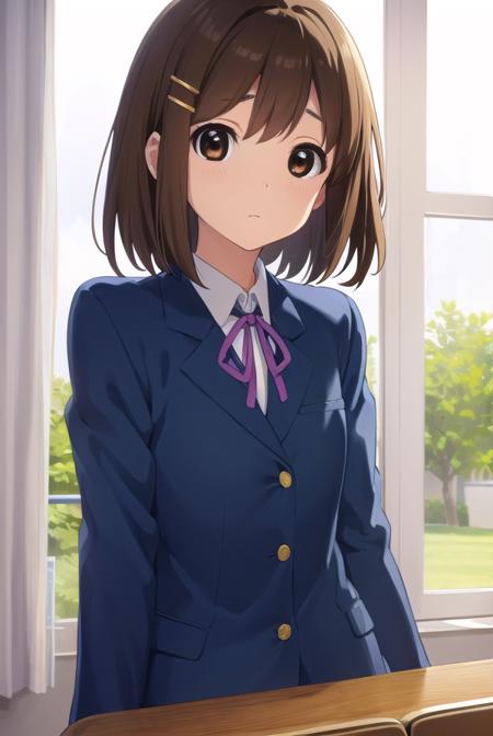 yuihirasawa, <lora:yui hirasawa s2-lora-nochekaiser:1>,
yui hirasawa, short hair, brown hair, hair ornament, (brown eyes:1.5), hairclip,
BREAK sakuragaoka high school uniform, school uniform, uniform, blazer, shirt, white shirt, collared shirt, skirt, pleated skirt,
BREAK indoors, classroom,
BREAK looking at viewer, (cowboy shot:1.5),
BREAK <lyco:GoodHands-beta2:1>, (masterpiece:1.2), best quality, high resolution, unity 8k wallpaper, (illustration:0.8), (beautiful detailed eyes:1.6), extremely detailed face, perfect lighting, extremely detailed CG, (perfect hands, perfect anatomy),