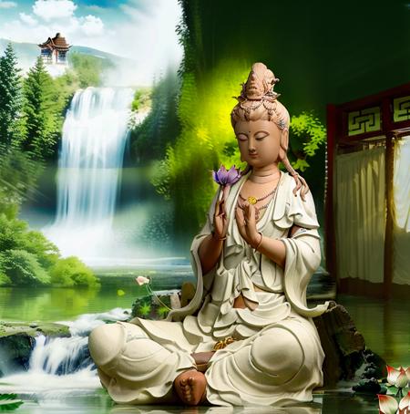 (Guanyin Bodhisattva is meditating in the meditation hall inside the Buddhist temple:1.5). There is a large transparent glass window in the meditation hall, and you can see the sky, mountains, lakes and believers walking on the lakeside path in the distance, Guanyin Bodhisattva, Avalokitesvara, Chinese temples scattered in the forest not far away,   waterfall cascading into a lake or stream in the background, mountains and briliant small lake in the background, Lotus in the foreground, Clear and distinct fingers, clear and distinct toes, clear and distinct facial features,jewelry, leaf, lily flower, lily_pad, necklace, plant, solo, chinese temple, path, cherry blossom, sharp focus, the sun's rays, sparkly ripples, wind ripples, hyper hight detailed, real photo, intricate details, perfect composition, beautiful detailed intricate, 8 k photography, photorealistic, masterpiece, Photo-realistic, Image enhancement,Image post-processing,Image retouching