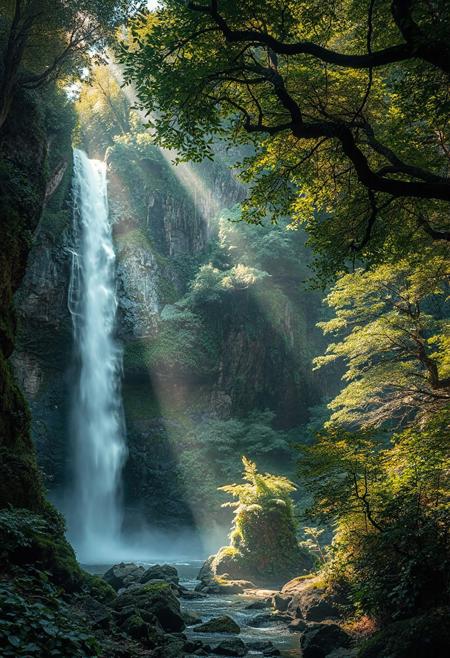 A tranquil forest oasis, serene setting, a majestic waterfall plunges down a rugged cliffside, surrounded by vibrant greenery and lush foliage. casting an ethereal glow across the scene. filtered rays of sunlight peek through the dense foliage, bathing the area in a peaceful, mystical ambiance, 
Japanese art style, Japanese ink painting, 
best quality, sharp focus, high contrast, colorful, ultra quality, 8k, best quality,