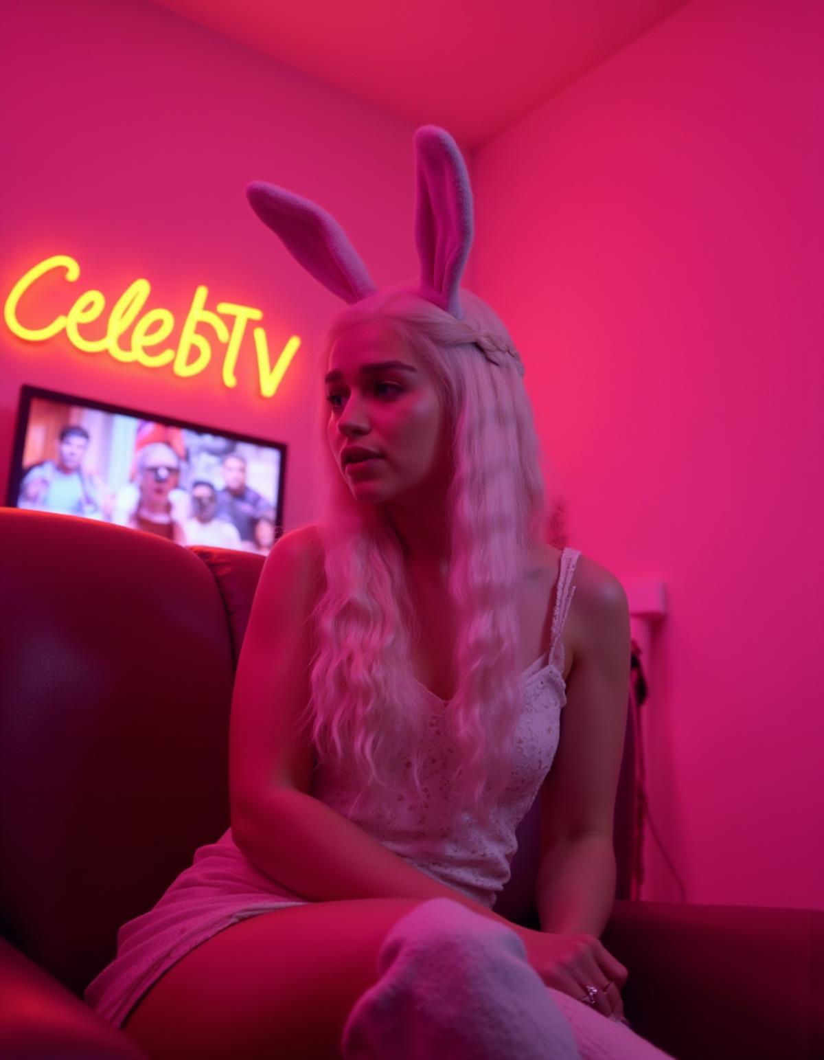 A twitch streamer emxclarke as daenerys talking to the camera on her streaming setup sitting in a cute neon lit pink streamer room and wearing bunny ears. The orange neon sign in the background reads "CelebTV".       <lora:Emilia_clarke_and_daenerys_FLUX_epoch_49:1>