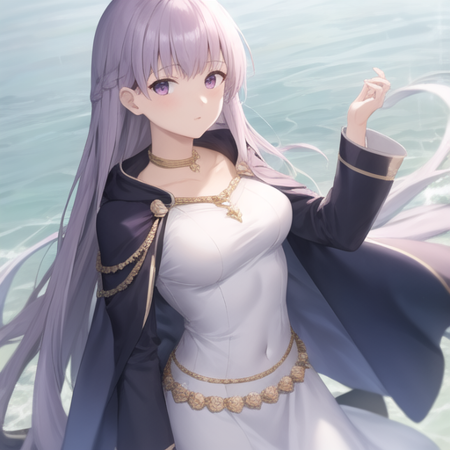 sophia fe, <lora:Sophia_FE-10:1>, 1girl, solo, looking at viewer, long sleeves, dress, jewelry, very long hair, collarbone, braid, cape, blue dress, cloak, belly chain