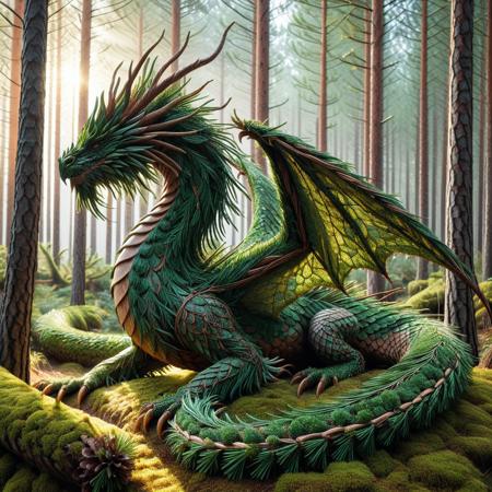 A majestic dragon made entirely of pine branches and needles, its body resembling twisted tree limbs and evergreen foliage, resting peacefully in a misty forest. The dragon’s scales shimmer like dew-covered pine needles, blending seamlessly with the dense woodland around it. Soft light filters through tall conifer trees, illuminating the natural textures of bark and moss on its body. Ethereal atmosphere, highly detailed, fantasy woodland creature, cinematic lighting, hyperrealistic, 4k, pines and needles