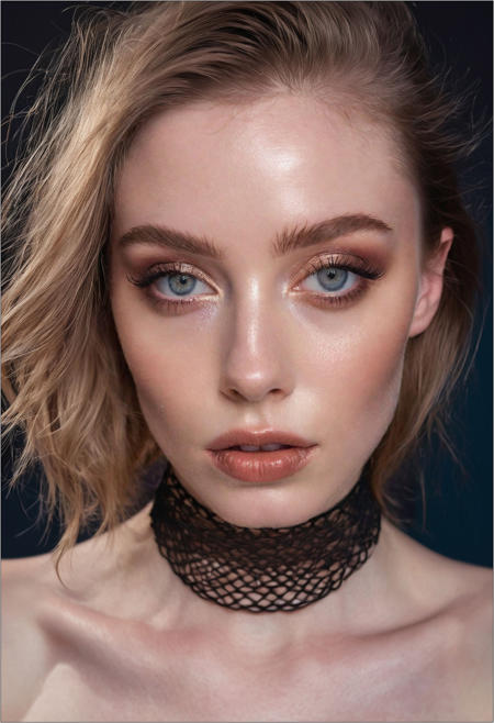 A professional (fashion photo photography:1.2),a  (studio portrait:1.2),showing (surrealistic style:1.1),(black purple gradient background:1.2),(exaggerated character movements:1.5),against glass,(masterpiece, best quality:1.4), perfect body,  long hair, brown hair, brown eyes, parted lips, , detailed skin,model photoshoot, long bob-cut hair, shiny oiled skin, pale skin,  pale white skin, shiny oiled skin, pale skin, realistic eye and face details), hyperrealism, very slim,  bright face, blue eyes, choker, make-up photography by (Ethel Warwick:1.3), modelshoot, pose, , (Ethel Warwick: 1,2) award winning photo macro shot  dramatic lighting,philosophical dimensions,NIKON Z9,35mm,f/1.2,RAW format,stark composition.,(muted tones:1.2),award winning photo,(dream-like quality:1.2),