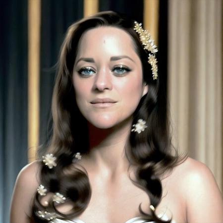 a professional photograph of marion_cotillard,  <lora:marion_01_768_343samples:1>,long brunette hair, white and gold dress, (smiling:0.5)