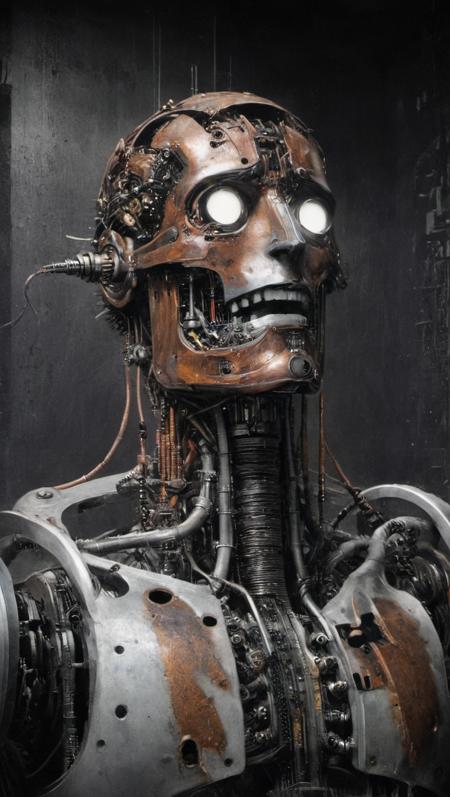 masterpiece portrait of an aged male android, in (neural pain:1.6), (holding his head with his hands:1.3), (shouting:1.2), short-circuit, (buzzing electricity:1.5), his face a mosaic of weathered, rusted metal plates and exposed circuitry, streaked with the patina of time, partially covers his ancient mechanical cranium, conveying a lifetime of synthetic memories, the remnants of paint and old battles mar his metallic skin, suggesting a history of service and survival., his neck and shoulders, visible parts of an intricate network of corroded metal and frayed wires, blend into his torso, hinting at a complex structure beneath. The background is dark and subdued, focusing attention on the fine details of his faceâthe texture of rust, the subtle hints of gold and ark corrosion, and the delicate balance between human semblance and mechanical original derbelly <lora:xl_more_art-full_v1:0.7> <lora:!action-sdxl-V0.5:1> in a zdyna_pose, dutch angle, from below, low camera angle actions scene, foreshortening, <lora:Netropolis_Movie_Style_SDXL:1> mad-ropolis-movie, futuristic, art deco, expressionist, 1920s, black and white,