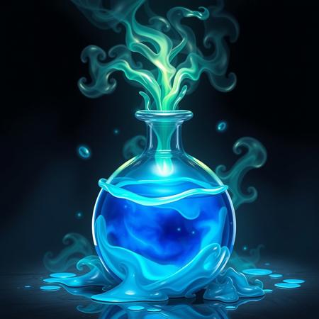 a potion full of blue magic goo, magic glow, toxic fumes, masterpiece, best quality, concept art