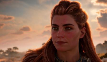 Aloy, (masterpiece),((ultra-detailed)), (highly detailed CG illustration), (best quality:1.2),realistic8K UHD,High definition,High quality texture,intricate details,detailed texture,finely detailed,high detail,extremely detailed cg,High quality shadow,a realistic representation of the face,Detailed beautiful delicate face,Detailed beautiful delicate eyes, brown eye pupil, a face of perfect proportion,Depth of field,Cinematic Light,Lens Flare,Ray tracing,perspective,20s,blush,glossy lips,perfect body,lean body,Particles of Light,(narrow waist:1.3),large breast, distinct_image, high_resolution, (lustrous skin), solo focus, (red hair), (finely detailed beautiful eyes and detailed face),(detailed face), (hair streaked hair), light source contrast, long hair, white shirt, blue jean shorts, (high detailed skin:1.2), 8k uhd, dslr, soft lighting, high quality,