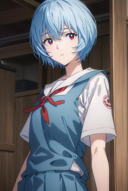 reiayanami, <lyco:rei ayanami rebuild-lyco-nochekaiser:1>, 
rei ayanami, (ayanami rei:1.2), blue hair, short hair, (red eyes:1.3),
BREAK skirt, shirt, ribbon, (school uniform:1.5), white shirt, short sleeves, red ribbon, neck ribbon, (tokyo-3 middle school uniform:1.5),
BREAK indoors, classroom,
BREAK looking at viewer, (cowboy shot:1.5),
BREAK <lyco:GoodHands-beta2:1>, (masterpiece:1.2), best quality, high resolution, unity 8k wallpaper, (illustration:0.8), (beautiful detailed eyes:1.6), extremely detailed face, perfect lighting, extremely detailed CG, (perfect hands, perfect anatomy),