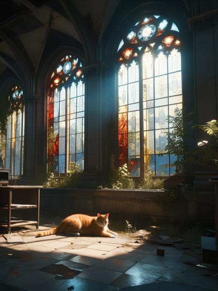 <lora:3DCyberpunkStyle_Hap_XL:1.3>,cyberpunk 2077 style, Masterpiece. Sunny summer day. Post-apocalyptic ruins. A shattered cathedral with overgrown foliage. Sunlight piercing through broken stained glass. Godrays. A silent atmosphere of the scene. One cat near the cathedral. Detailed art, many details, cinematic, ultra highly detailed, beautiful details, best quality , RAW candid cinema, remarkable color, (ultra realistic), shot with cinematic camera
