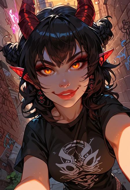 score_9, score_8_up, score_7_up, score_6_up, aesthetic ,  punk, demon, horns,  POV, selfie, outdoors, alley, night, graffiti, t-shirt,  solo,  dutch angle,  g0thicPXL,  (big lips:0.6), (close up:1.2), portrait, medium breasts, smug, smirk, skinny, pov, from above, realistic